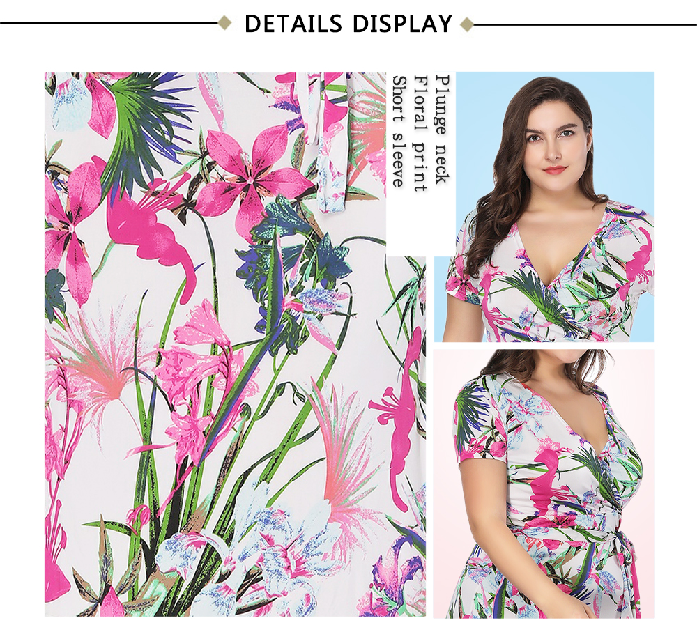 Plunge Neck Short Sleeve Floral Print Belted Plus Size Women Midi Dress