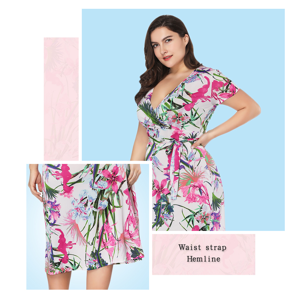 Plunge Neck Short Sleeve Floral Print Belted Plus Size Women Midi Dress