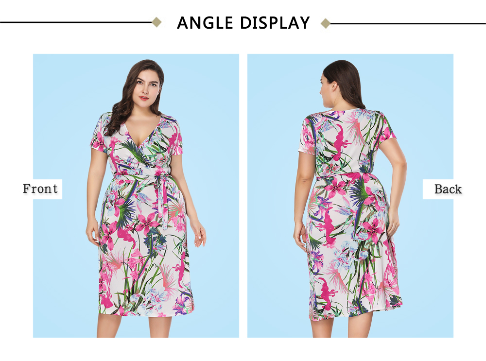 Plunge Neck Short Sleeve Floral Print Belted Plus Size Women Midi Dress