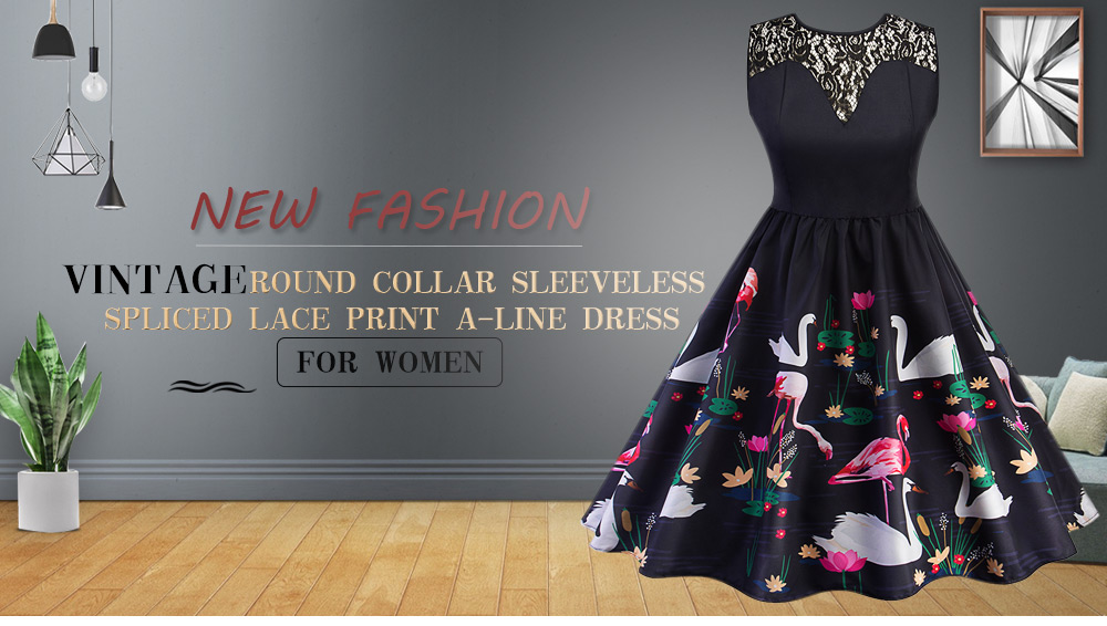 Round Collar Sleeveless Spliced Lace Bird Print A-line Women Dress
