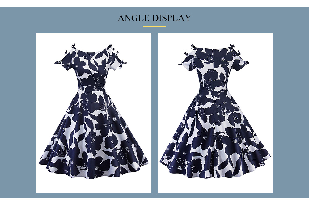 Boat Neck Short Sleeve Floral Print Tied Bowknot A-line Women Dress