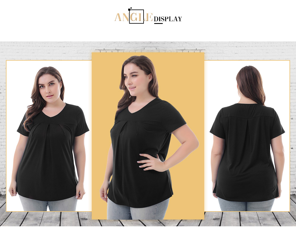 V Neck Short Sleeve Ruched Solid Color Plus Size Women T-shirt
