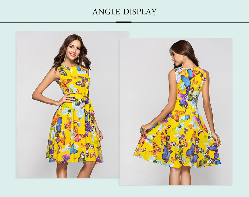 Round Collar Sleeveless Butterfly Print Belted A-line Women Dress