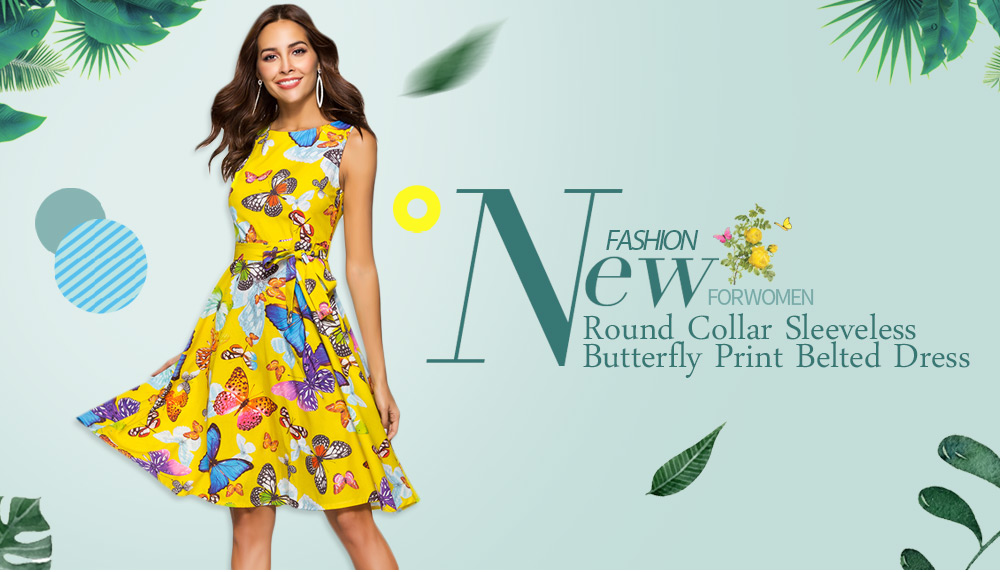 Round Collar Sleeveless Butterfly Print Belted A-line Women Dress