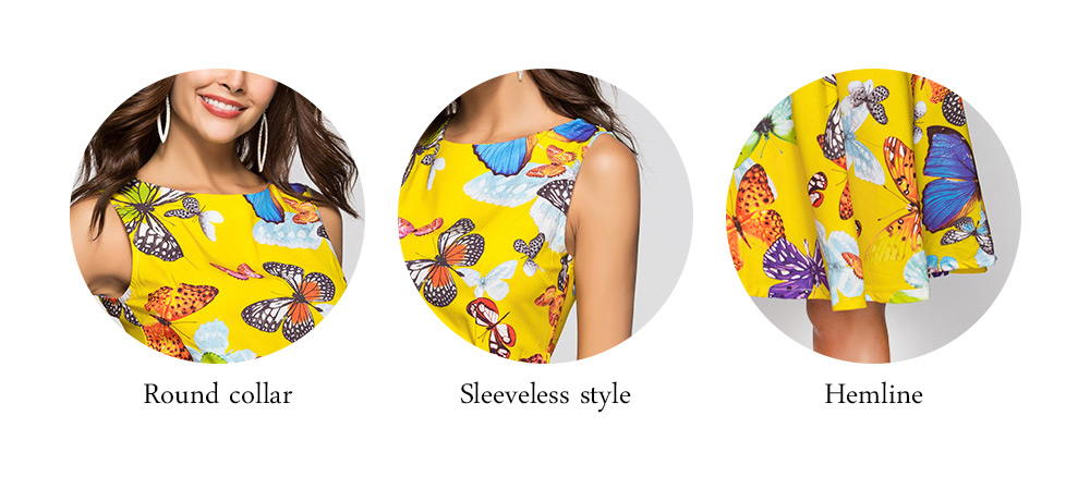 Round Collar Sleeveless Butterfly Print Belted A-line Women Dress