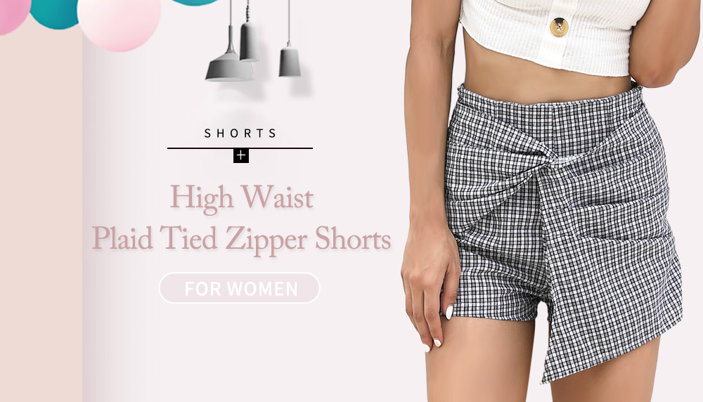 High Waist Plaid Tied Layered Zipper Pants Women Mini Shorts