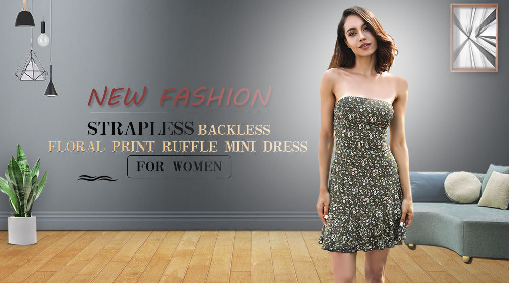 Strapless Backless Floral Print Ruffle Tied Strap Women Mini Dress