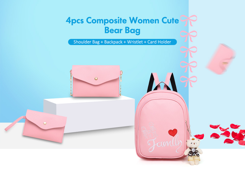4pcs Composite PU Leather Women Cute Bear Shoulder Bag Backpack Wristlet Card Holder