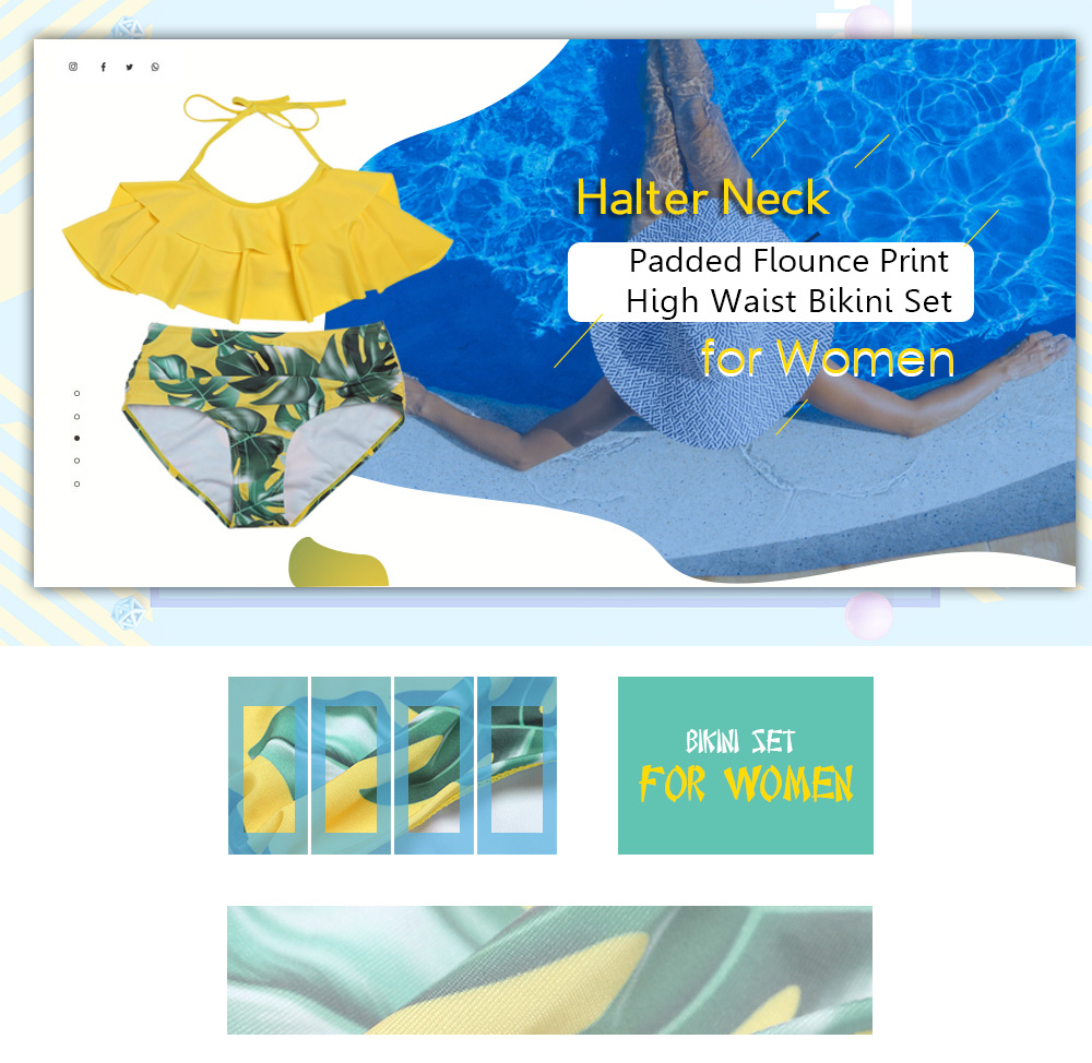 Halter Neck Padded Flounce Print High Waist Women Bikini Set