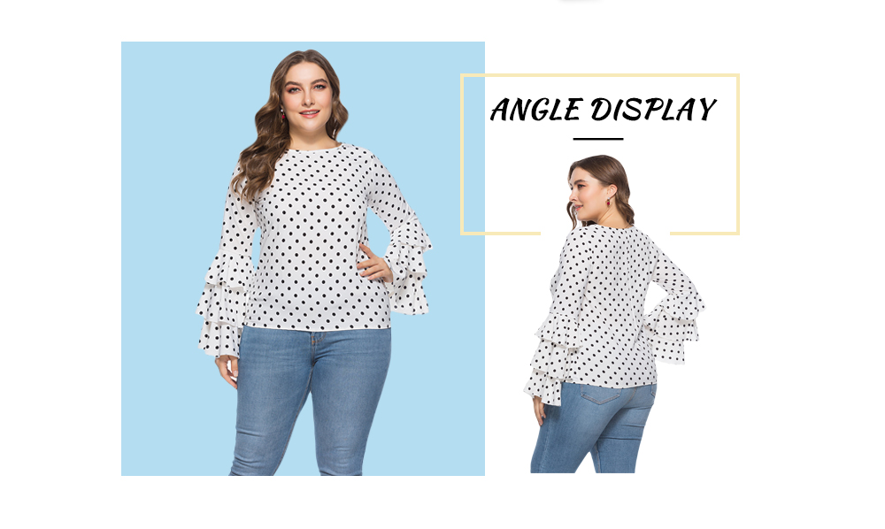 Women Polka Dot Round Collar Flare Sleeve Loose Blouse Summer Spring Tops