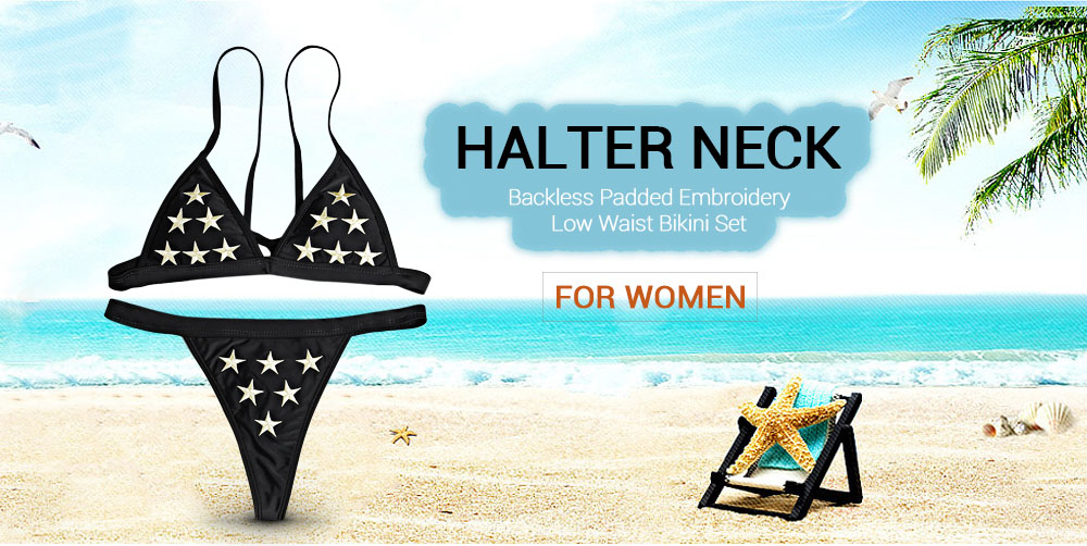 Halter Neck Backless Padded Embroidery Low Waist Women Bikini Set