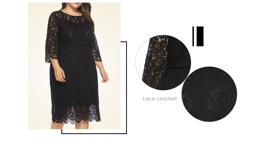 Round Collar 3/4 Sleeve Lace Crochet See-through Plus Size Women Dress
