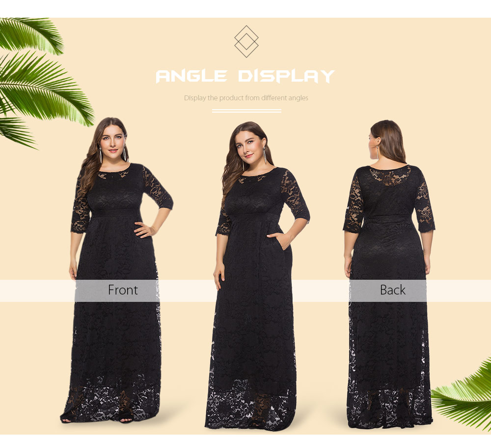 Round Collar 3/4 Sleeve Lace Crochet Plus Size Pocket Women Maxi Dress