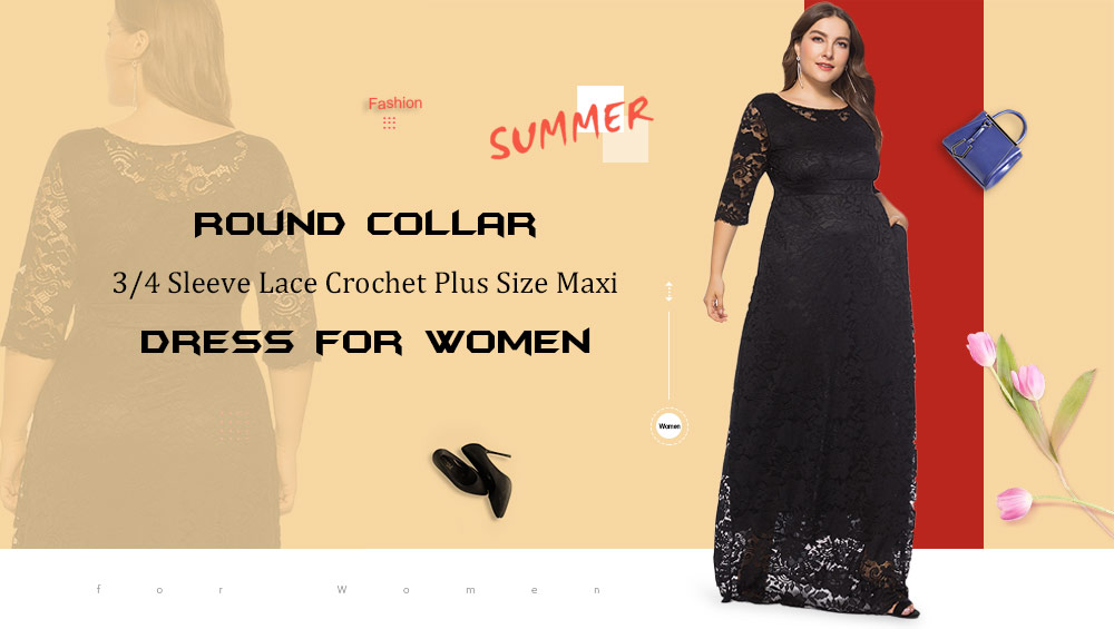 Round Collar 3/4 Sleeve Lace Crochet Plus Size Pocket Women Maxi Dress