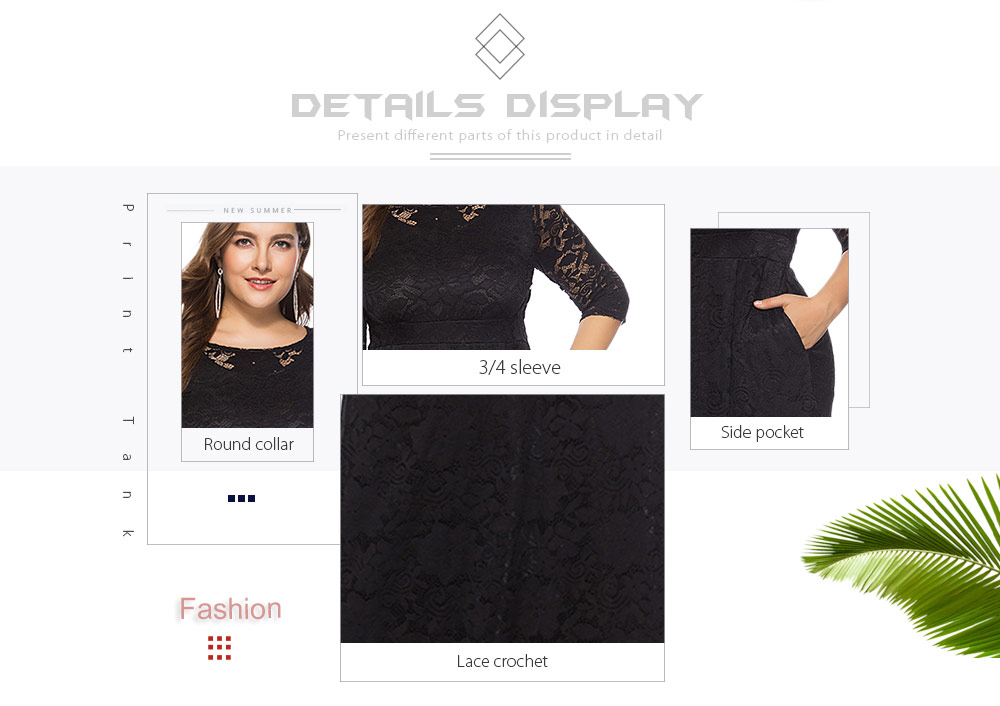 Round Collar 3/4 Sleeve Lace Crochet Plus Size Pocket Women Maxi Dress