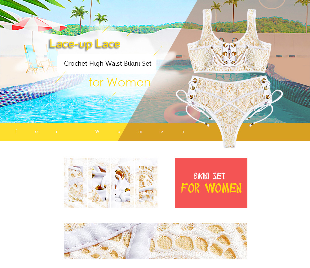 Shoulder Strap Lace-up Lace Crochet High Waist Women Bikini Set
