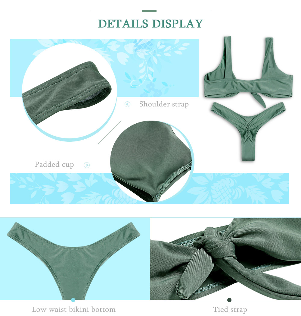 Shoulder Strap Backless Padded Tied Low Waist Solid Color Women Bikini Set