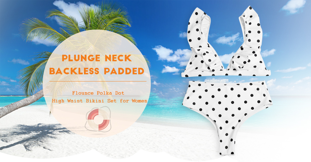 Plunge Neck Backless Padded Flounce Polka Dot High Waist Women Bikini Set