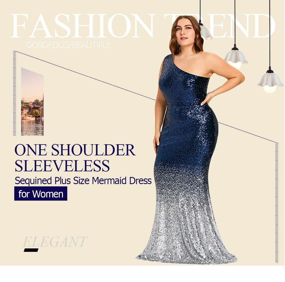 One Shoulder Sleeveless Sequined Bodycon Plus Size Women Mermaid Dress