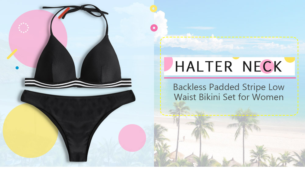 Halter Neck Backless Padded Stripe Low Waist Women Bikini Set