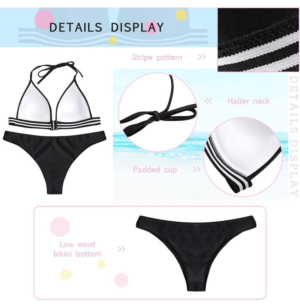 Halter Neck Backless Padded Stripe Low Waist Women Bikini Set