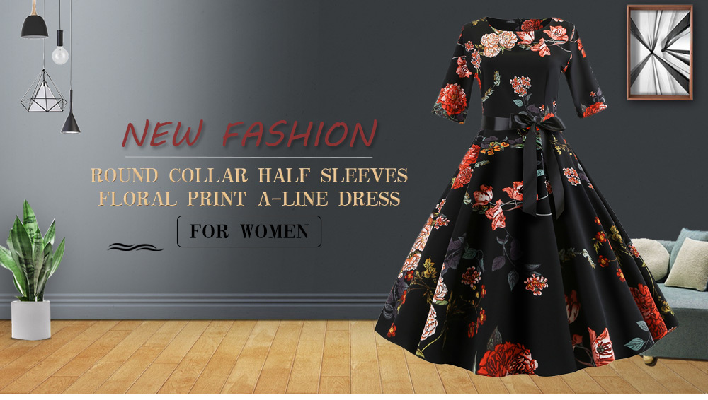 Round Collar Half Sleeves Floral Print Tied Strap A-line Women Dress