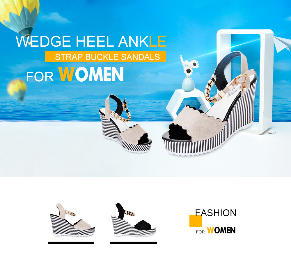 Open-toe Wedge High Heel Ankle Strap Buckle Women Shoes Sandals