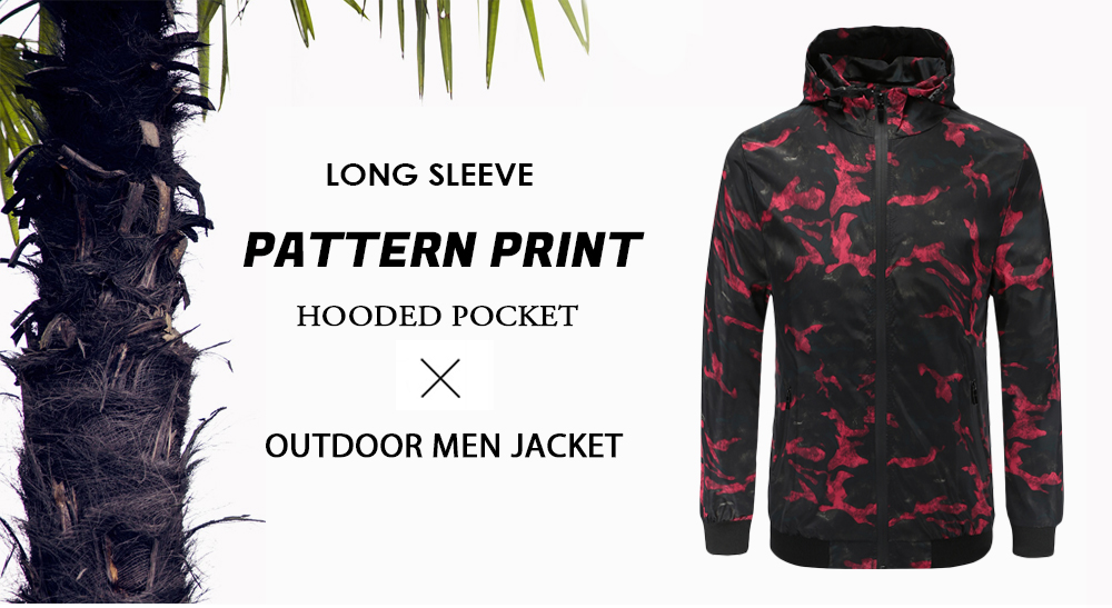 Long Sleeve Pattern Print Hooded Pocket Outdoor Men Jacket