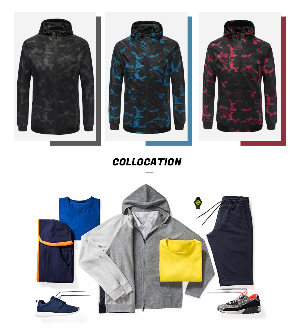 Long Sleeve Pattern Print Hooded Pocket Outdoor Men Jacket