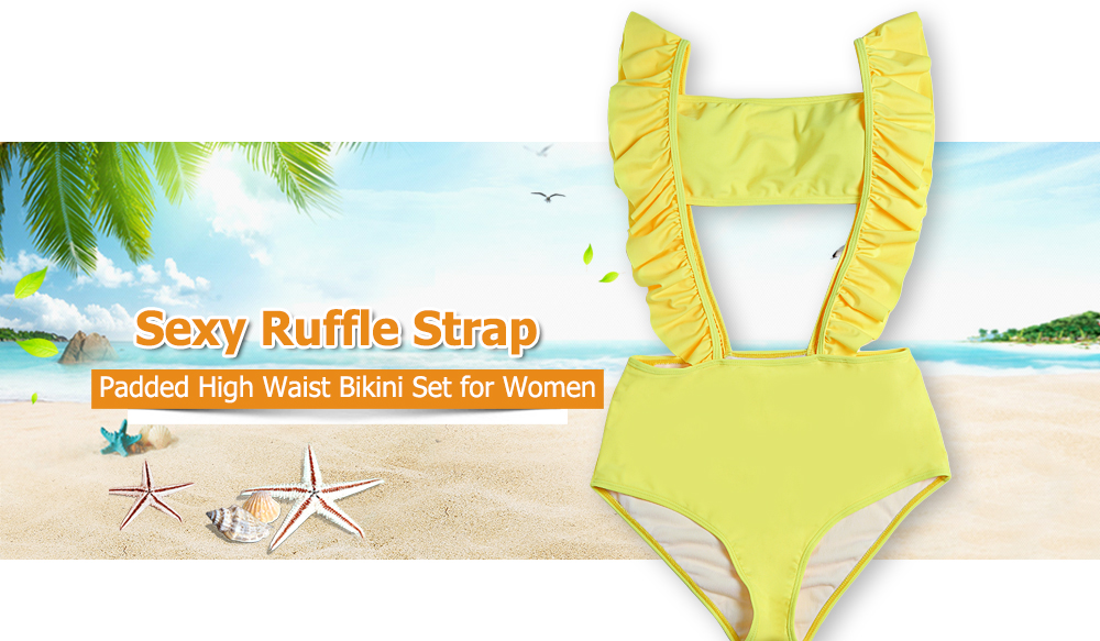 Sexy Shoulder Strap Padded Ruffle High Waist Solid Color Bikini Set
