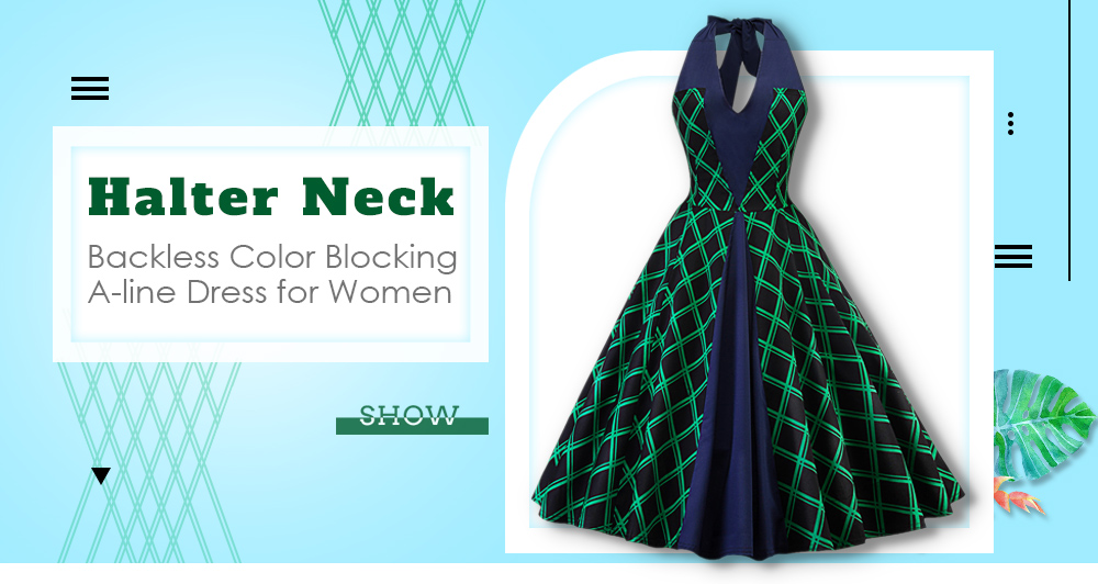 Halter Neck V-neckline Backless Color Blocking A-line Women Dress