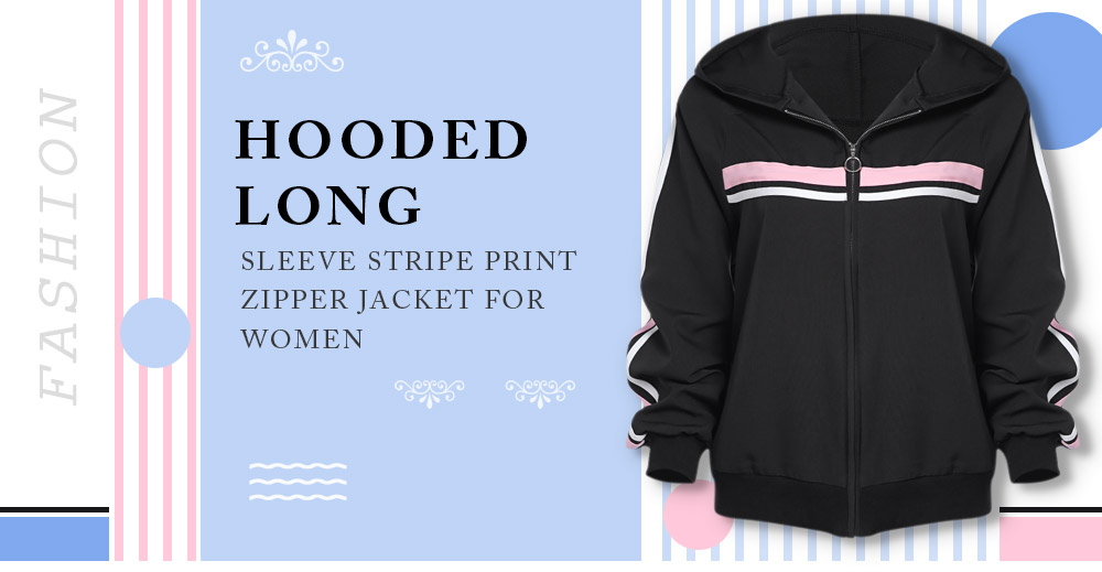 Hooded Long Sleeve Stripe Print Zipper Hoodie Women Jacket