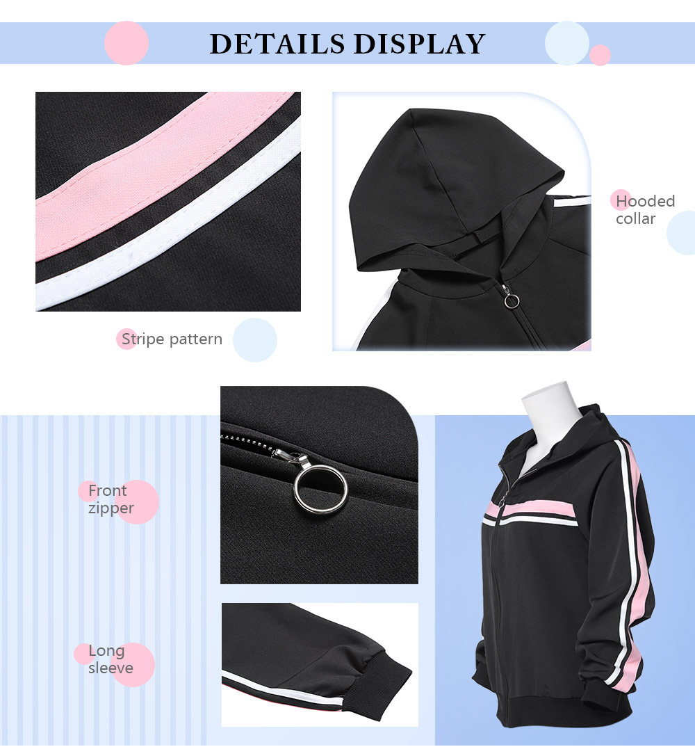 Hooded Long Sleeve Stripe Print Zipper Hoodie Women Jacket