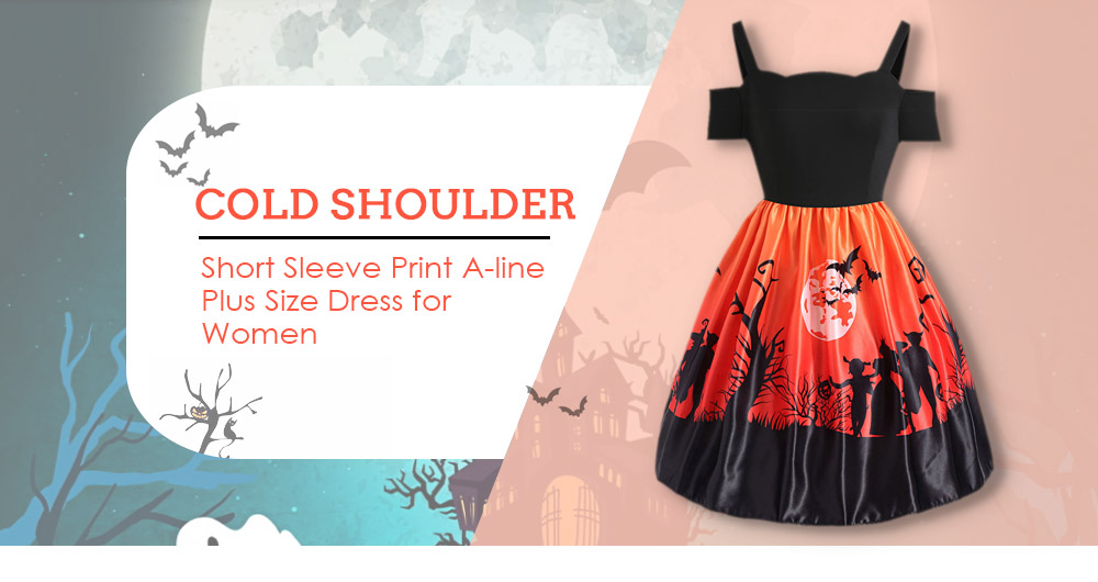 Cold Shoulder Backless Short Sleeve Halloween Print Plus Size Women Dress
