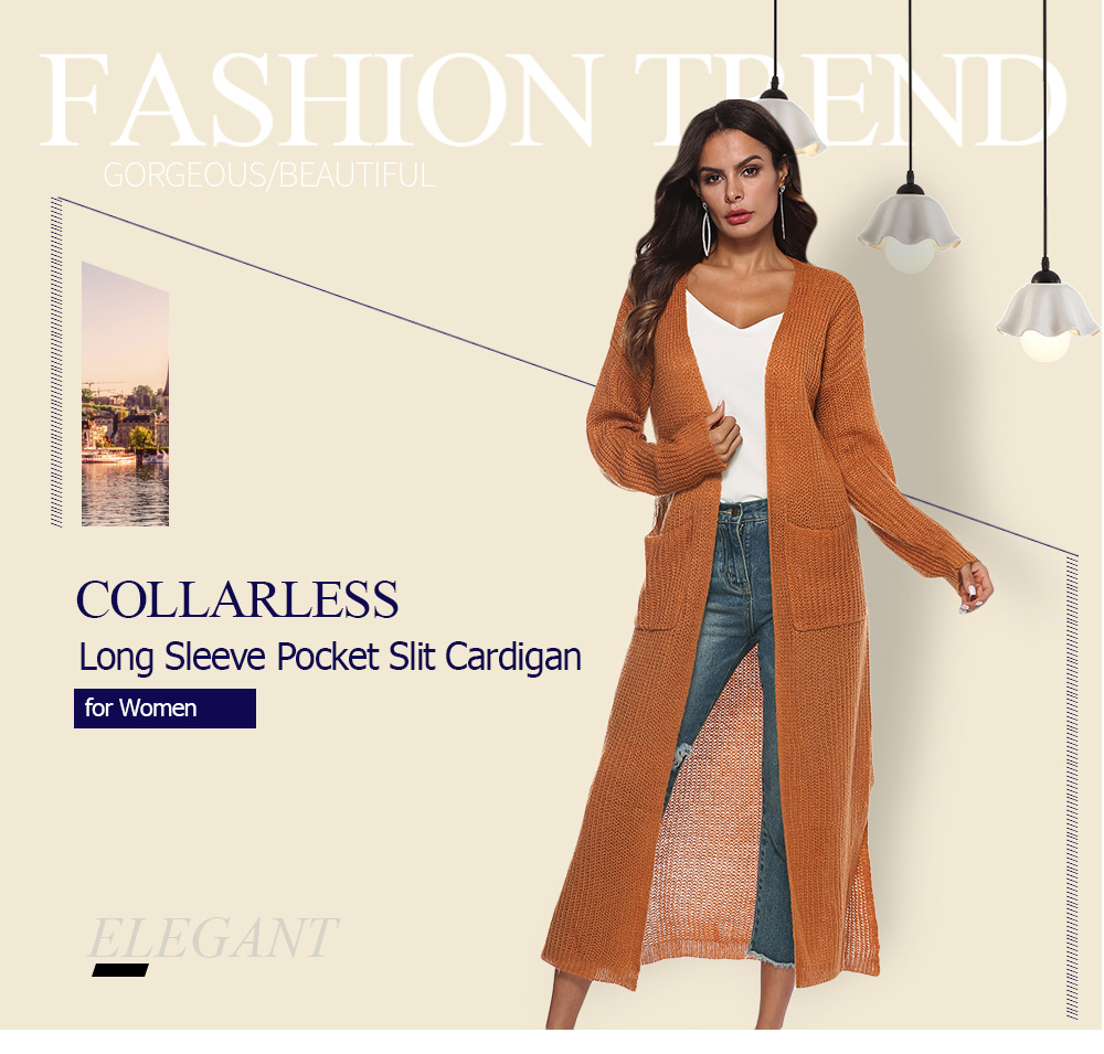 Collarless Long Sleeve Pocket Slit Open Front Knit Solid Color Women Cardigan