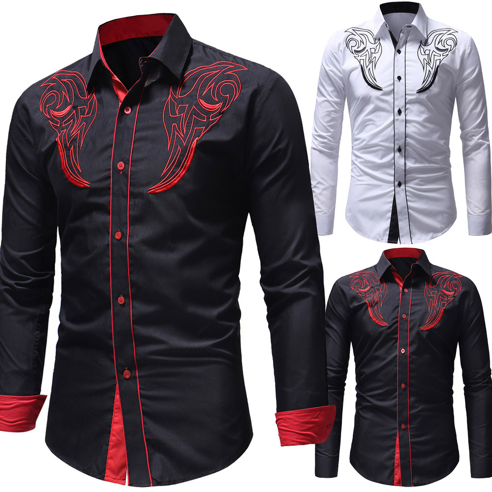 Chest Embroidery Edge Contrast Long Sleeve Shirt - Black - 3287833513