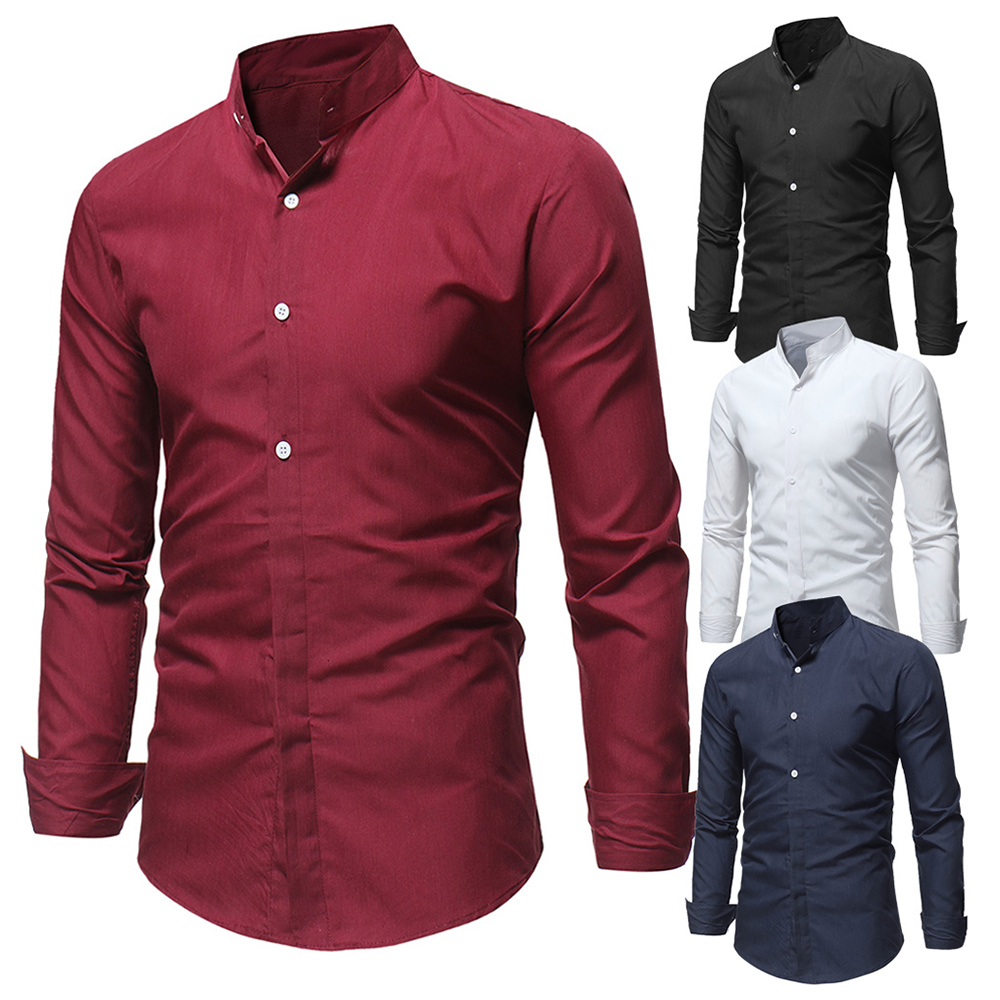 Stand Collar Solid Color Long Sleeve Shirt