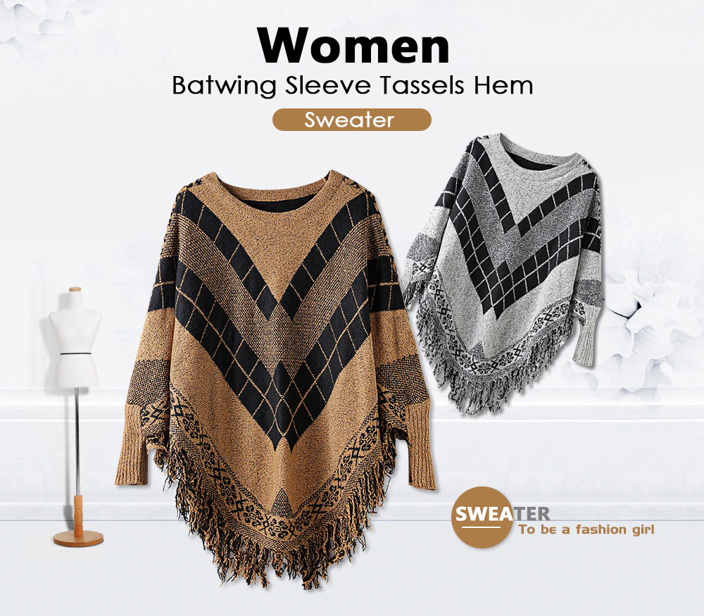Women Batwing Knitwear Sleeve Tassels Hem Loose Pullover Sweater