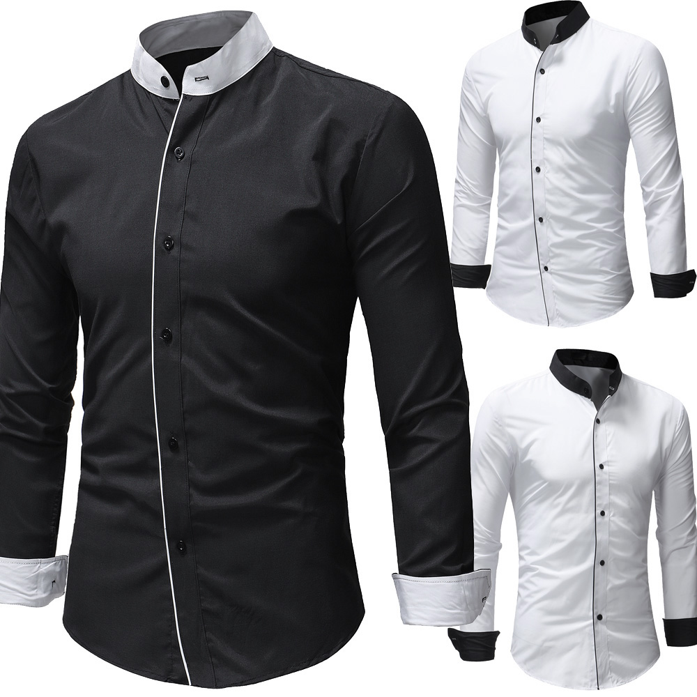 Color Block Stand Collar Slim Fit Shirt - White - 3W88078217