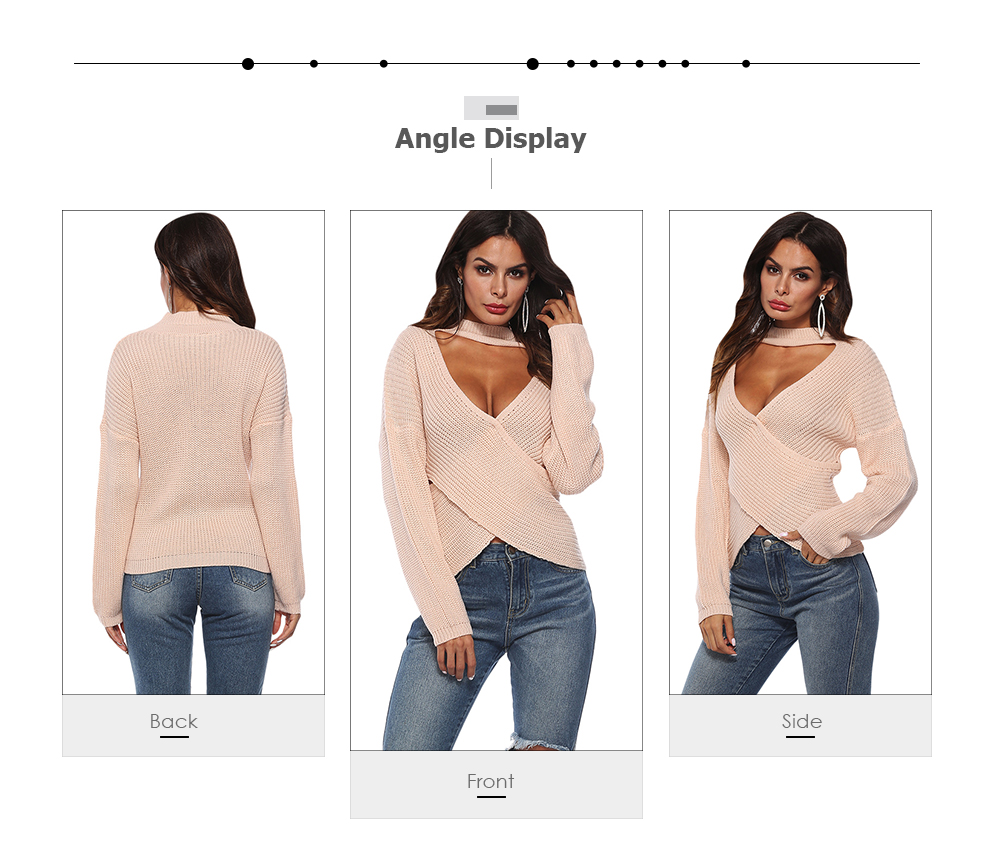 Deep V Neck Stand Collar Sexy Low Cut Irregular Cross Long Sleeve Women Sweater