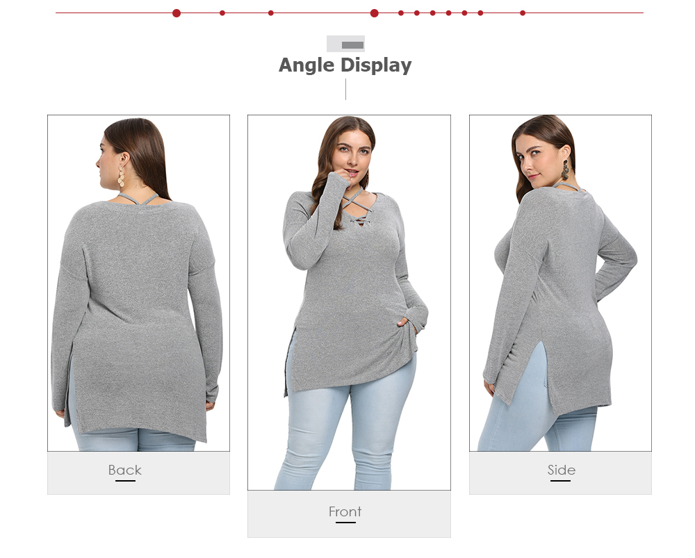 V Neck Lacing Up Long Sleeve Slit Solid Color Plus Size Women T-shirt