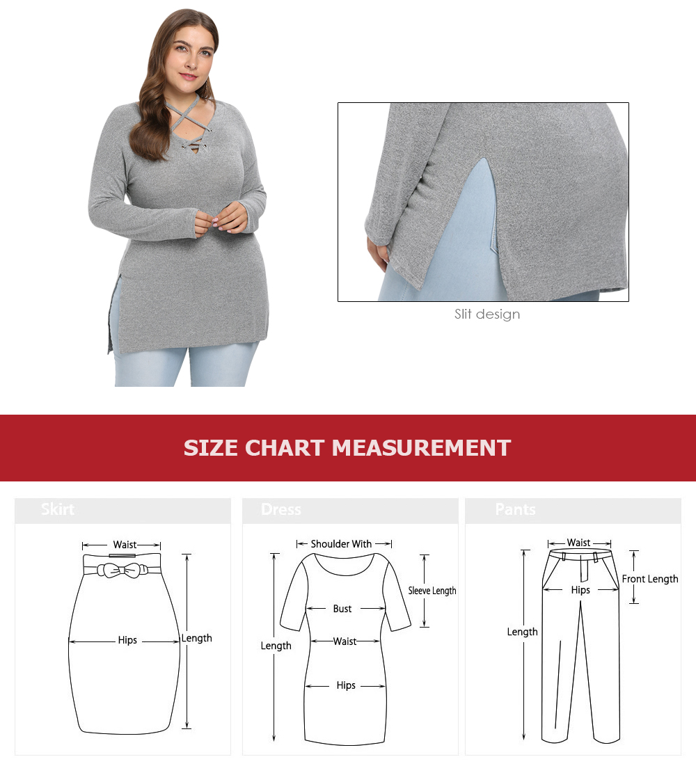 V Neck Lacing Up Long Sleeve Slit Solid Color Plus Size Women T-shirt