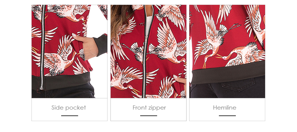 Stand Collar Long Sleeve Bird Print Pocket Women Jacket