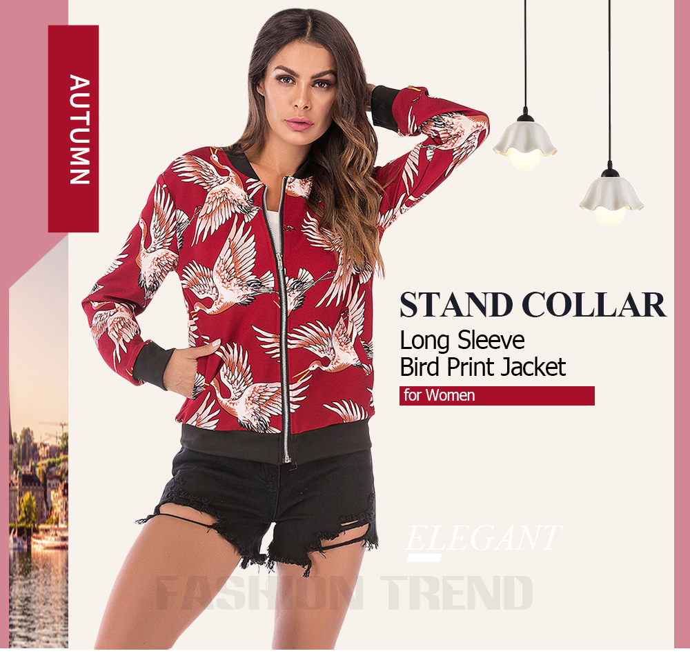 Stand Collar Long Sleeve Bird Print Pocket Women Jacket