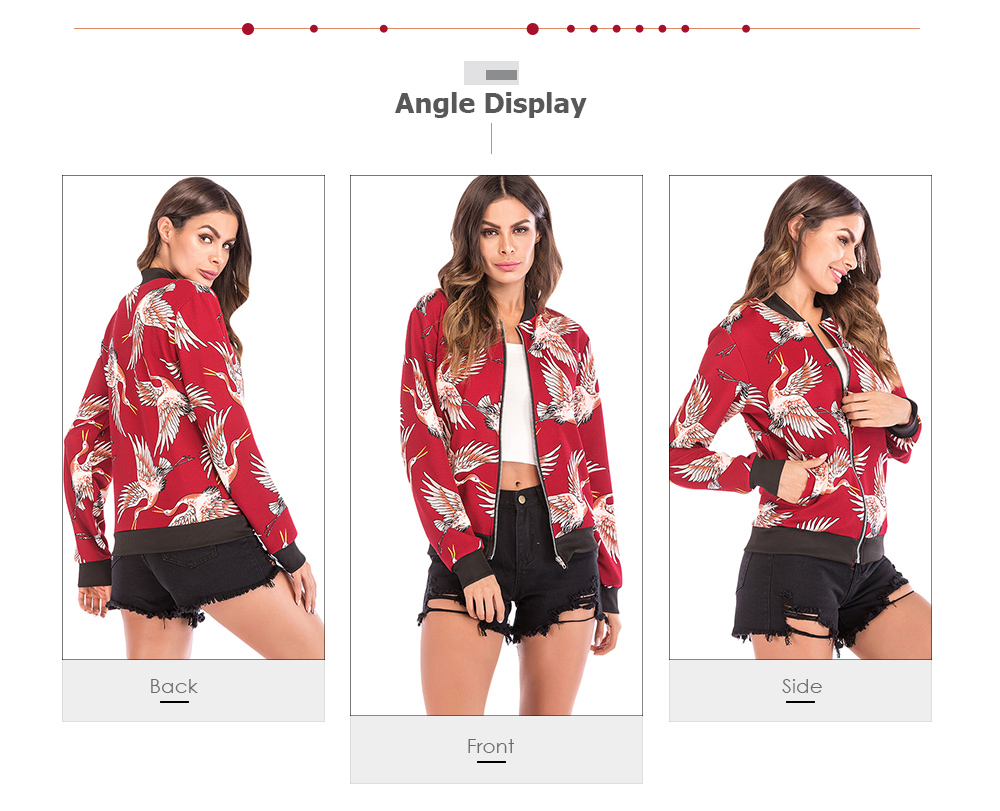 Stand Collar Long Sleeve Bird Print Pocket Women Jacket