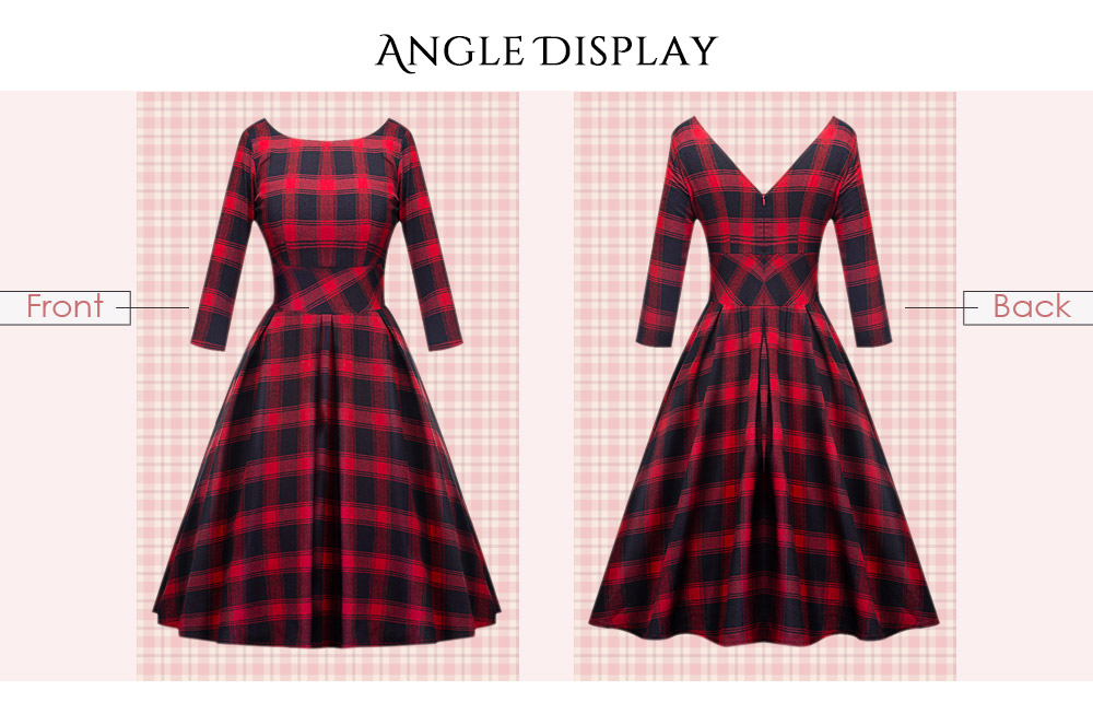 Round Collar Long Sleeve Backless Plaid A-line Women Dress