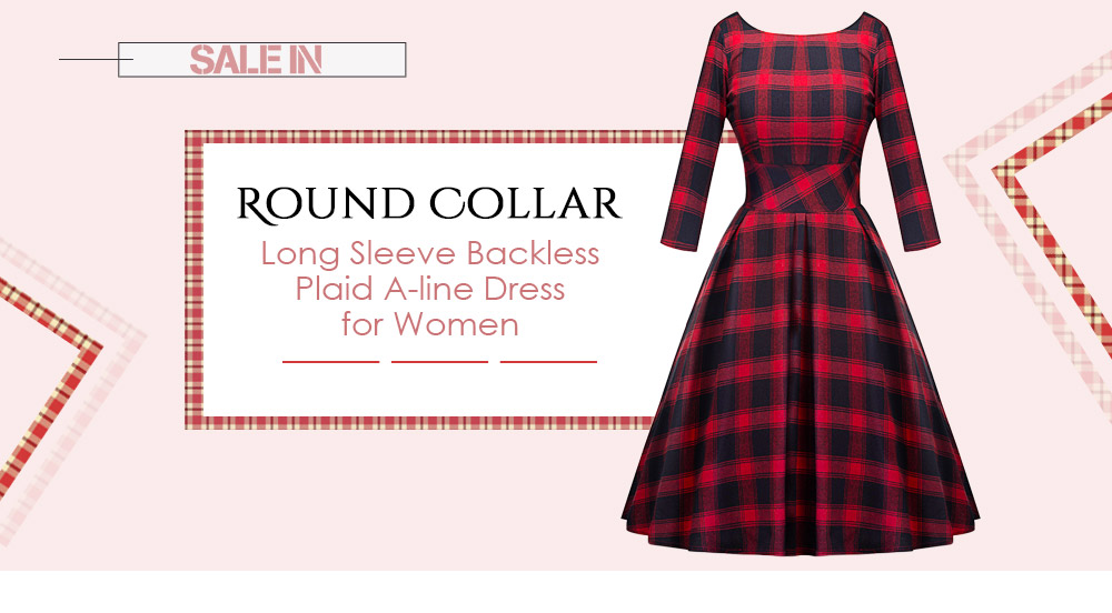 Round Collar Long Sleeve Backless Plaid A-line Women Dress