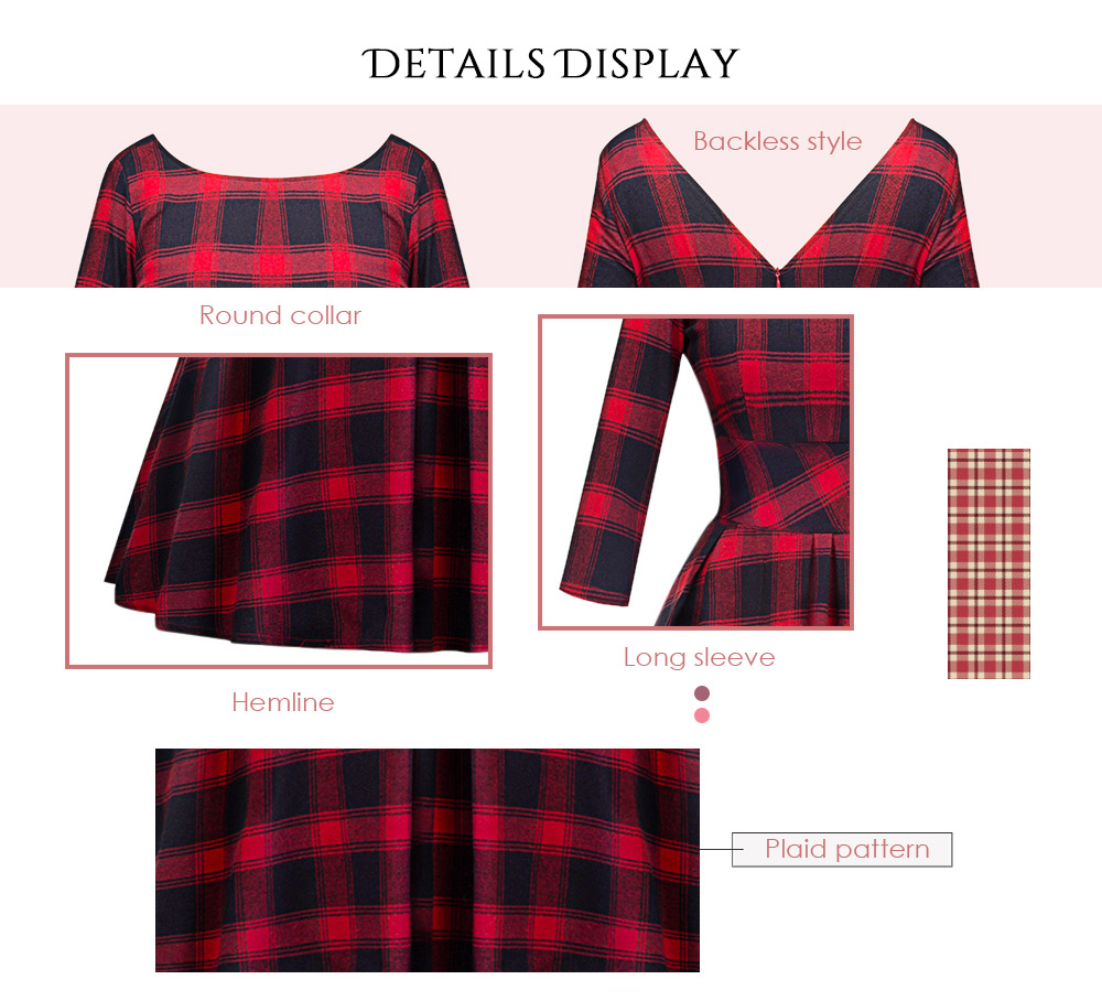 Round Collar Long Sleeve Backless Plaid A-line Women Dress