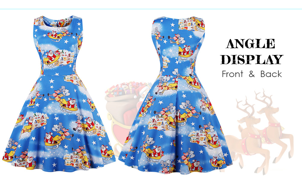 Round Collar Sleeveless Santa Claus Elk Print A-line Women Dress