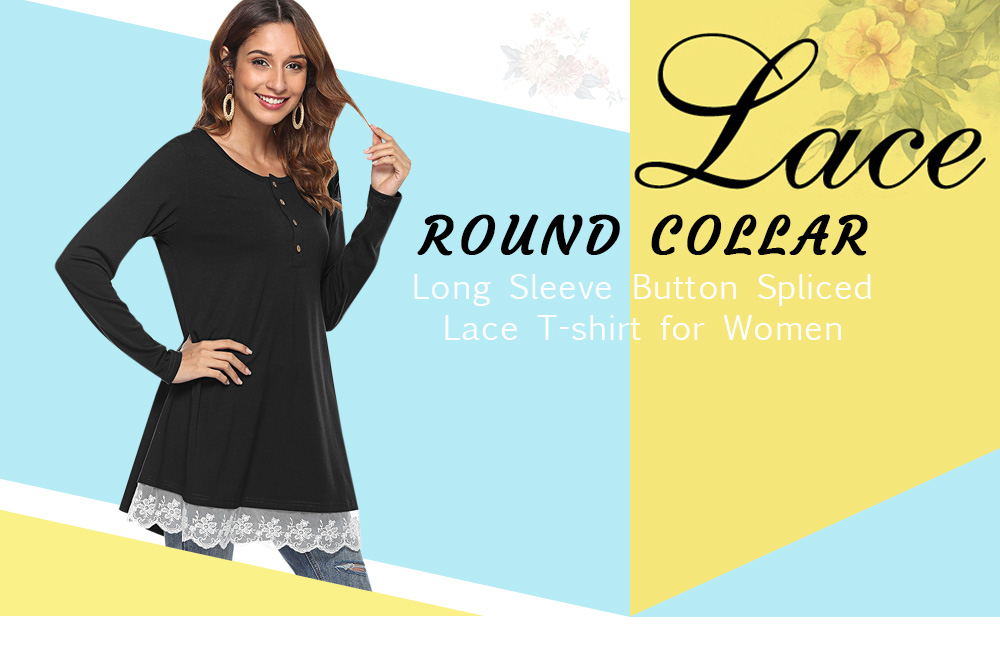 Round Collar Long Sleeve Button Spliced Lace Women T-shirt